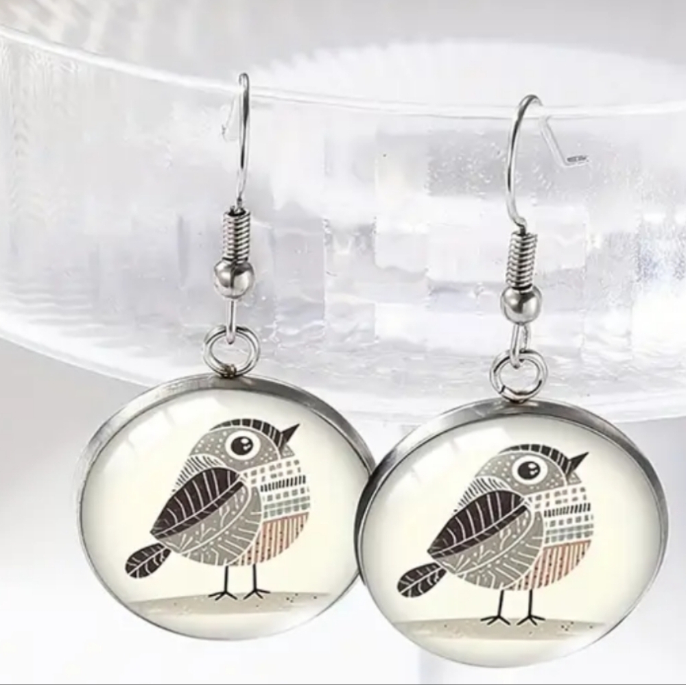 NEW Western Boho Animal Print Artistic Black White Bird Earrings - (#077)